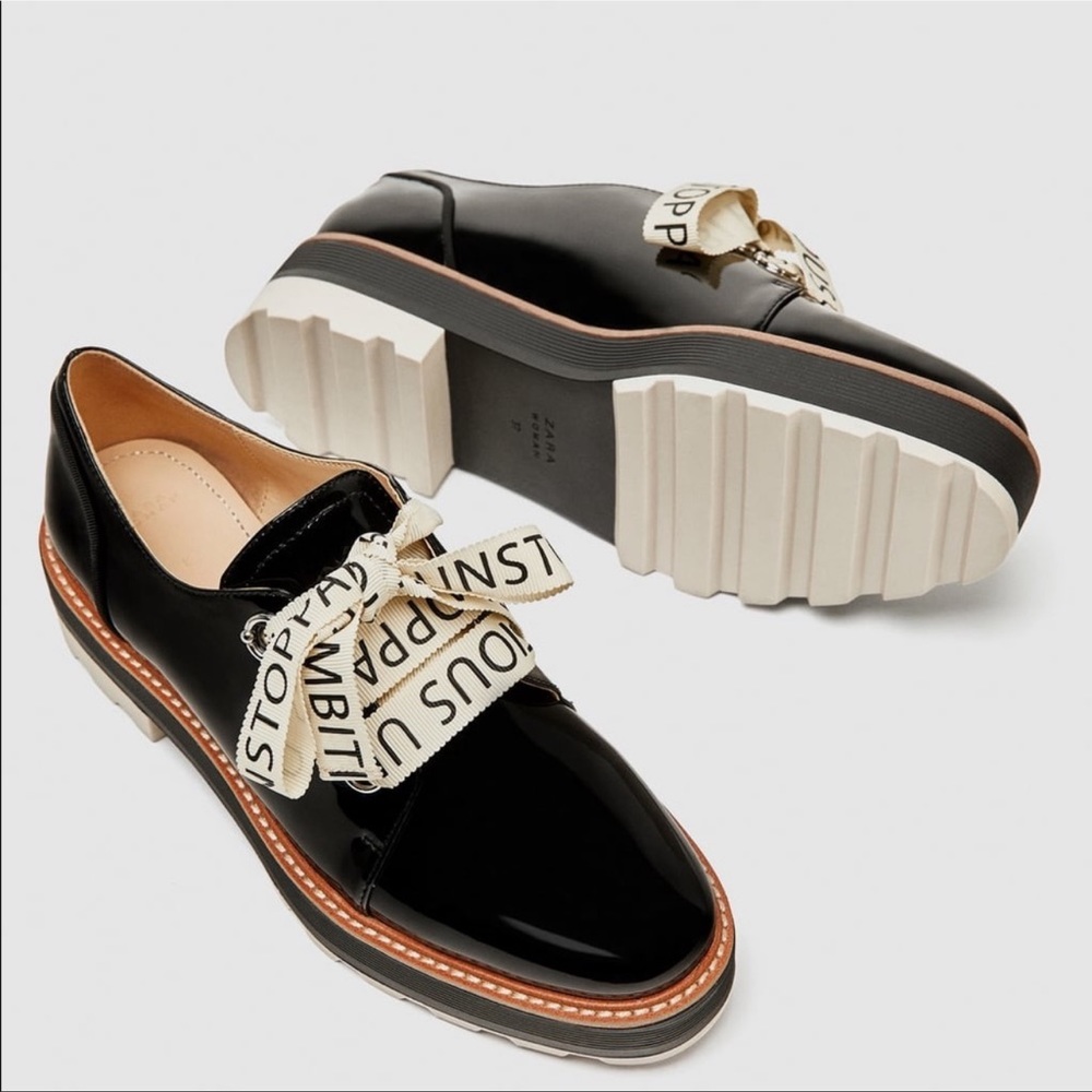 New Zara Faux Patent Leather Brogues Platform Oxford
